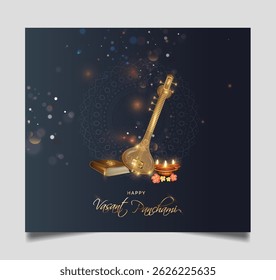 illustration of Vasant Panchami  also spelled Basant Panchami. festival of India with veena (sitar) , Indian Festival. 