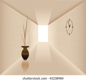 Illustration of the vase against the background of walls with a clock