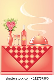 illustration vase with flower wine with goblet and tray for hot