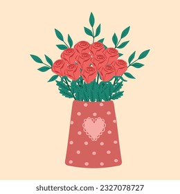 Illustration of vase with flowers. Bright blooming flowers in vase. Design element for greeting card, invitation, print, sticker. Illustration for birthday, mother's day, valentine's and woman's day.