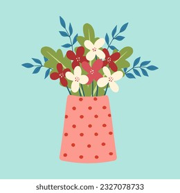 Illustration of vase with flowers. Bright blooming flowers in vase. Design element for greeting card, invitation, print, sticker. Illustration for birthday, mother's day, valentine's and woman's day.