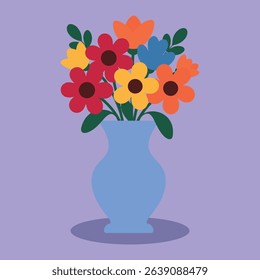 Illustration of a vase with a mixed bouquet of red and pink flowers.