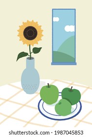 illustration of a vase with sunflowers and green apples on the table