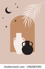 Illustration of vases, palm branch, moon and stars. Template for cards, posters, invitations, branding.