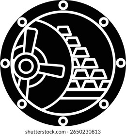 An illustration of a vault door opening to reveal stacks of gold bars, representing financial security and wealth vector icon solid style.