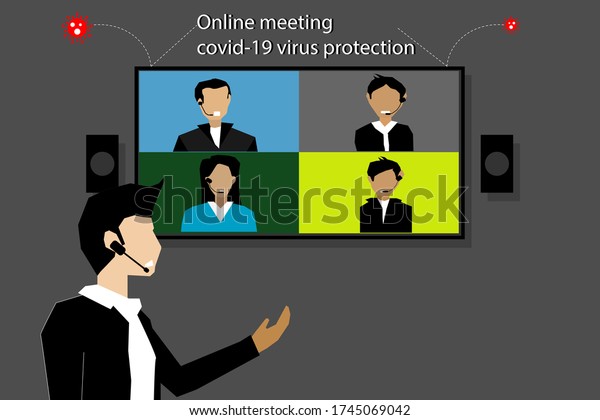Illustration of a vdo meeting person  For meetings\
and online  To maintain social distance, prevent the infection of\
the Covid-19\
virus.