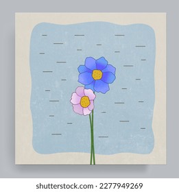 Illustration vector of 2 flowers with blue and white color. Nostalgia vintage art with retro texture. For cover, poster, banner, brochure, flyer, decoration, social media.