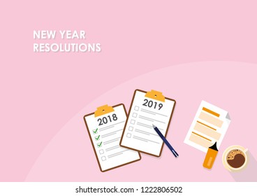 Illustration vector of 2018 and 2019 text on white paper on clipboard with checklists, pen and coffee cup over pastel colored background. With New Year Resolutions text.