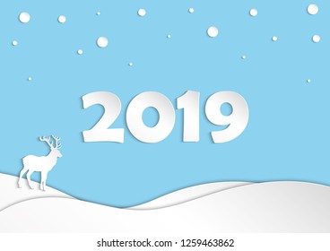 Illustration vector of 2019 text greeting in banner design. Landscape in winter season with snow falling down. Paper cut and craft. Happy new year concept.