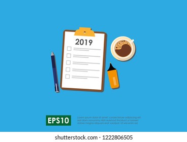 Illustration vector of 2019 text on white paper on clipboard with checklists, pen, high lighter and coffee cup over blue background.