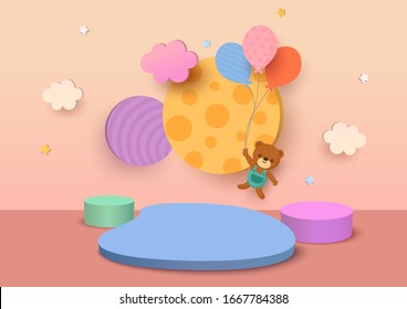 Illustration vector 3D style of baby background design with cute bear and balloons with geometric shapes.