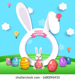 Illustration vector 3d style of Happy Easter holiday design with rabbit frame and painted eggs on nature background.