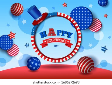 Illustration vector 3d style of Independence Day USA. design with circle frame and pattern of flag