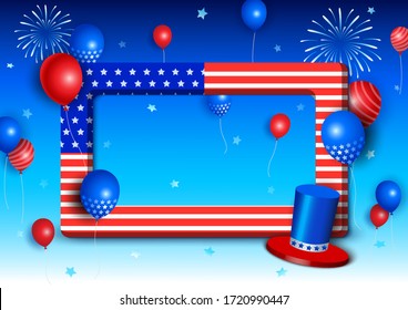 Illustration vector 3d style of Independence Day USA. design with flag frame decorated with balloons and hat.