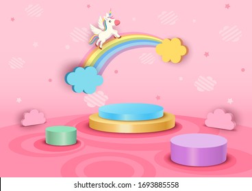 Illustration vector 3d style of unicorn and rainbow with podium stands on pink cloud pattern background.