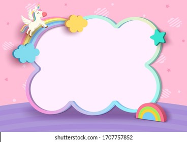 Illustration vector 3d style of unicorn and rainbow with cute frame on pink cloud pattern background.