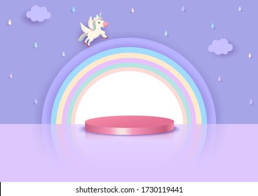 Illustration vector 3d style of unicorn and rainbow with podium stands on purple raining sky background.