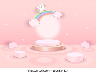 Illustration vector 3d style of unicorn and rainbow with podium stands on pink cloud pattern background.