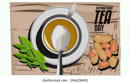 Illustrationsvektor von "eine Tasse Tee, frische Teeblätter und einige Erdnüsse auf dem Holztisch", geeignet als Banner, Plakat oder Vorlage für den internationalen Teetag