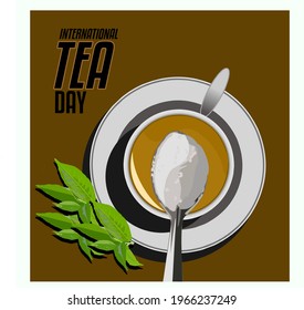 Illustration vector of "a cup of tea and fresh tea leaves on the wood table", suitable as a banner, poster or template for international tea day