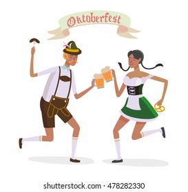 Illustration in vector about traditional beer festival in German. Oktoberfest concept. Flat design cartoon illustration with man and woman dancing and drink. 