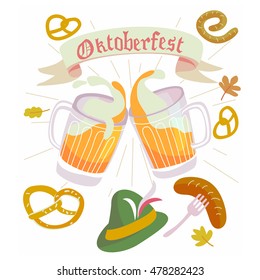 Illustration in vector about traditional beer festival in German. Oktoberfest concept. Flat design cartoon illustration with beer glasses, pretzel, sausage