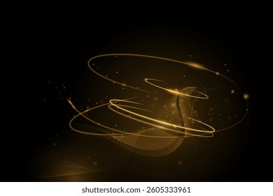 Illustration vector abstract chaos, gold wave line pattern, flow line and particle dot on dark color background. Modern futuristic, design for background. Digital high tech, energy technology concept