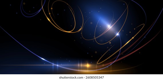 Illustration vector abstract chaos, gold wave line pattern, flow line and particle dot on dark color background. Modern futuristic, design for background. Digital high tech, energy technology concept
