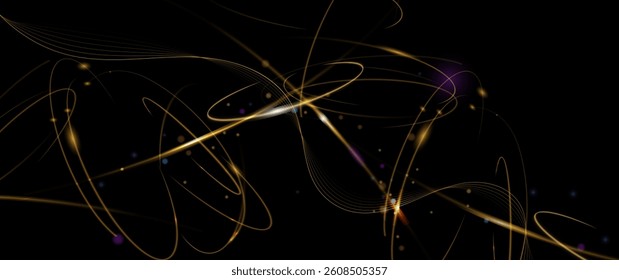 Illustration vector abstract chaos, gold wave line pattern, flow line and particle dot on dark color background. Modern futuristic, design for background. Digital high tech, energy technology concept