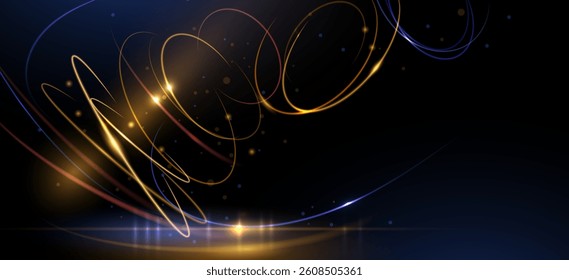 Illustration vector abstract chaos, gold wave line pattern, flow line and particle dot on dark color background. Modern futuristic, design for background. Digital high tech, energy technology concept