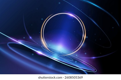 Illustration vector abstract chaos, gold wave line pattern, flow line and particle dot on dark color background. Modern futuristic, design for background. Digital high tech, energy technology concept