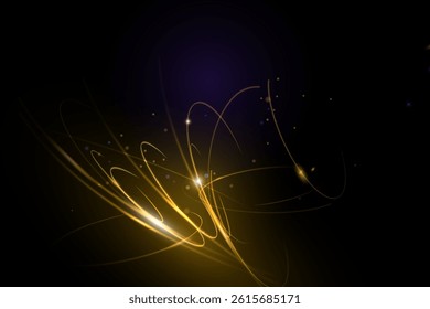 Illustration vector abstract chaos, gold wave line pattern, flow line and particle dot on dark color background. Modern futuristic, design for background. Digital high tech, energy technology concept
