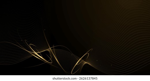 Vetor de ilustração caos abstrato, padrão de linha de onda dourada, linha de fluxo e ponto de partícula em fundo de cor escura. Futurista moderno, design para fundo. Alta tecnologia digital, conceito de tecnologia de energia