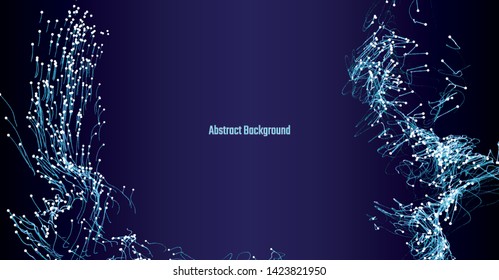 Illustration vector abstract dark blue background with glowing growing moving dots in motion.