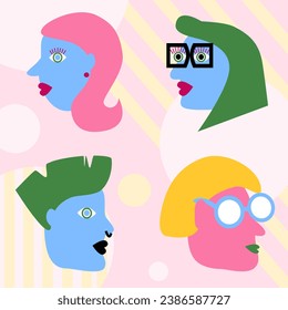 Illustration vector abstract faces of pink and blue people, informal, gay, bright colors.