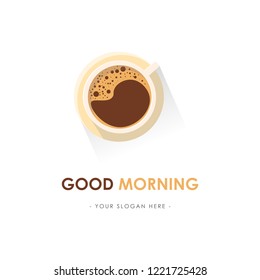 Illustration vector of abstract logo of a cup of coffee with Good Morning text. Top view, flat design.