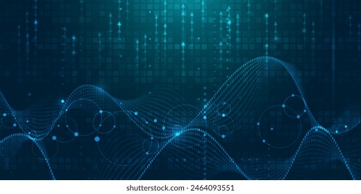 Illustration vector abstract wave, flow line, motion pattern and particle dot on dark blue background. Modern futuristic, big data design for background. Digital datum, high tech, technology concept