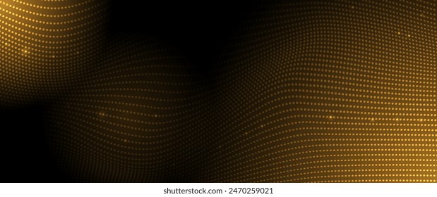 Illustration vector abstract wave, flow line, motion pattern and particle dot on gold color background. Modern futuristic, big data design for background. Digital datum, high tech, technology concept