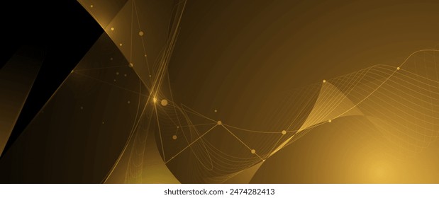 Illustration vector abstract wave, flow line, motion pattern and particle dot on gold color background. Modern futuristic, big data design for background. Digital datum, high tech, technology concept