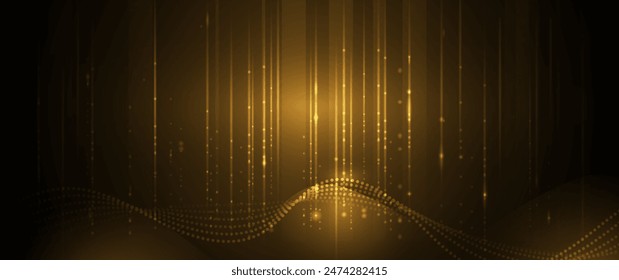 Illustration vector abstract wave, flow line, motion pattern and particle dot on gold color background. Modern futuristic, big data design for background. Digital datum, high tech, technology concept