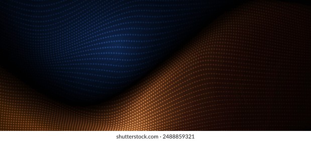 Illustration vector abstract wave, flow line, motion pattern and particle dot on gold color background. Modern futuristic, big data design for background. Digital datum, high tech, technology concept