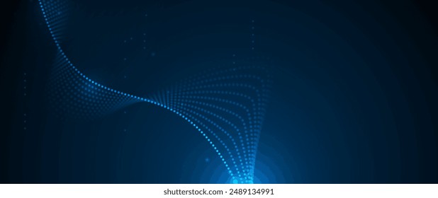 Ilustración Vector onda abstracta, línea de flujo, patrón de movimiento y punto de partícula sobre fondo azul oscuro. Diseño futurista moderno de grandes datos para el fondo. Datos digitales, alta tecnología, concepto de tecnología