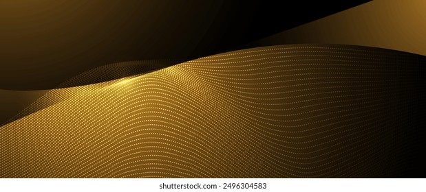 Illustration vector abstract wave, flow line, motion pattern and particle dot on gold color background. Modern futuristic, big data design for background. Digital datum, high tech, technology concept