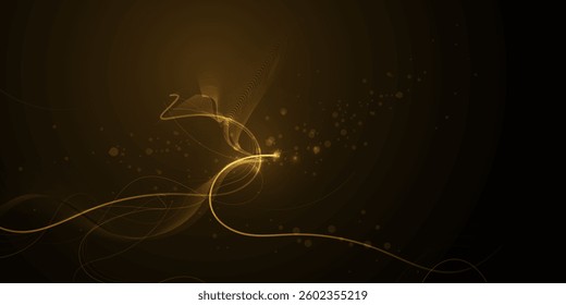 Illustration vector abstract wave, flow line, motion pattern and particle dot on gold color background. Modern futuristic, big data design for background. Digital datum, high tech, technology concept