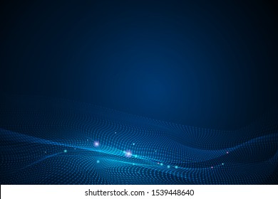 Illustration vector abstract wave motion pattern and dynamic mesh line on dark blue background. Modern futuristic design for background or wallpaper. Digital cyberspace, high tech, technology  concept