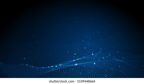Illustration vector abstract wave motion pattern and dynamic mesh line on dark blue background. Modern futuristic design for background or wallpaper. Digital cyberspace, high tech, technology  concept