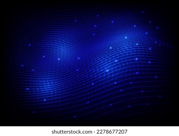 Illustration vector abstract wave motion pattern and dynamic mesh line on a dark blue background, blue light. Modern futuristic design for background or wallpaper. Digital cyberspace, high tech, tech