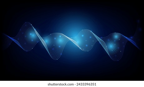 Illustration vector abstract wave motion pattern and dynamic mesh line on a dark blue background, blue light. Modern futuristic design for background or wallpaper. Digital cyberspace, high tech, tech	