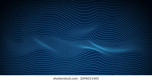 Padrão de movimento de onda abstrata do vetor da ilustração e linha de malha dinâmica no plano de fundo azul escuro. Design futurista moderno para fundo ou papel de parede. Ciberespaço digital, alta tecnologia, conceito de tecnologia