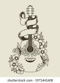 Illustration Vector Acoustic Guitar With Flower Ornament